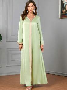 阿拉伯雪纺金色印花两件套女士朴素长袖连衣裙卡夫坦阿拉伯连衣裙