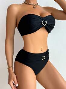 SHEIN Swim Women's Summer Beach Solid Color Pleated Strapless Sexy Bikini Set - Black - View 5