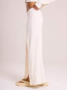 MUSERA Button Down Side Maxi Skirt With Split Elegant Summer Party Vacation - Apricot - View 4