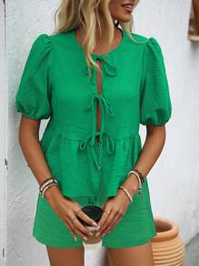 SHEIN LUNE Ladies' Solid Color Simple Casual Short Sleeve T-Shirt And Shorts Set
