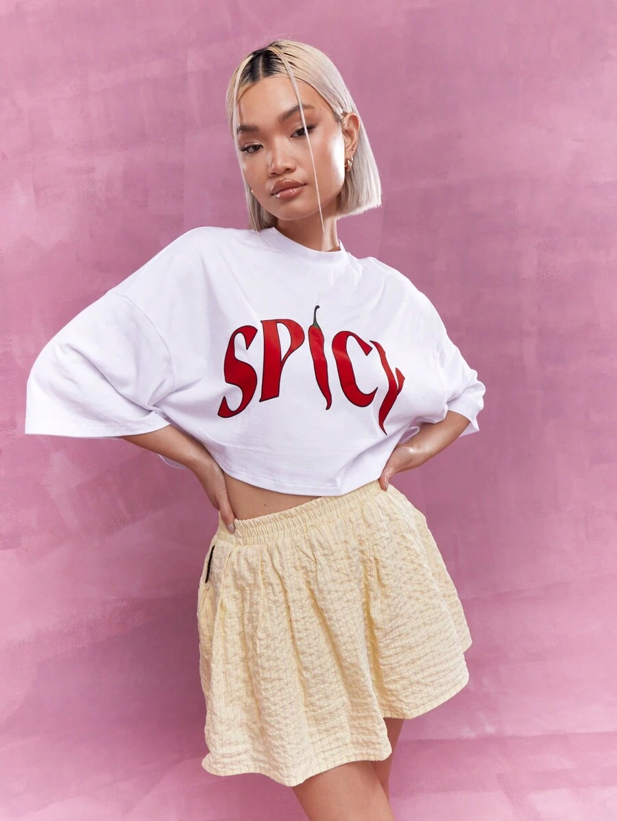 MISSGUIDED 正面印花落肩宽松短款 T 恤 - 白色 - 查看 1