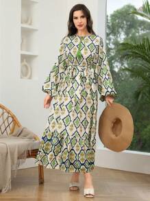 Mulvari Women's Belted Allover Print Round Neck Elegant Long Sleeve Dress, Summer
