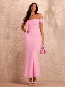 SHEIN BAE Vestido largo de sirena rosa con cuello de corazón sexy y romántico con decoración de flores 3D, ideal para vacaciones de verano en la playa y citas románticas. Con volantes y efecto reductor para mujeres - Rosa - Ver 1