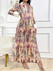Al Najma Robe d'été élégante pour femme à manches longues imprimé tie-dye arabe - Multicolore - Voir 2