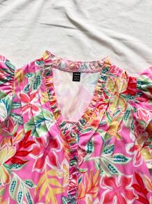 Soleia Vestido de verano suelto y casual en color rosa, con espalda ancha, decoración con volantes de madera y estampado floral tropical, adecuado para bodas, graduaciones y almuerzos