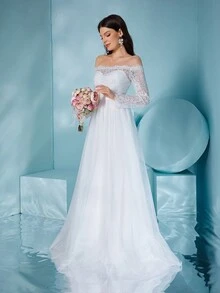 UNITHORSE 露肩蕾丝撞色网眼长袖婚纱，新娘