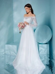 UNITHORSE Off-Shoulder Lace Contrast Mesh Long Sleeve Wedding Dress,Bride