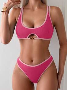 SHEIN Swim 女性夏季海灘比基尼套裝，帶有搶眼的邊緣切割細節，性感兩件式泳裝 - 粉色 - 查看 4