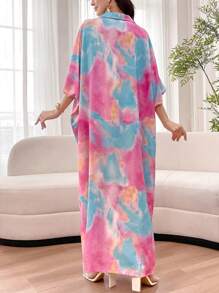 Al Najma Vestido corto de manga corta con cuello de polo en estampado tie dye oversize, primavera/verano