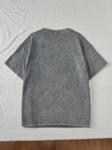 Comfortcana 加大碼酸洗復古針織損壞感寬鬆短袖T恤 - 深灰色 - 查看 2