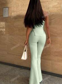 Conjunto de 2 piezas de top bandeau y pantalones acampanados de punto en un unicolor de verano con bajo asimétrico, sexy para mujer