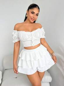 SHEIN SXY Shorts sueltos de imitación de lino blanco con capas de volantes para mujer