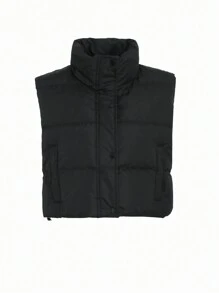 DAZY 纯色无袖立领短款女士棉服外套冬季背心 - 黑色 - 查看 11