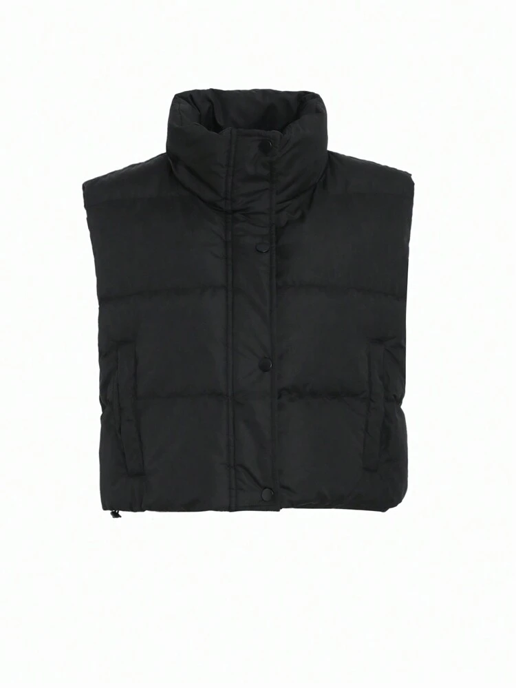 Solid Color Sleeveless Stand Collar Cropped Women Padded Coat Jacket Winter Vest