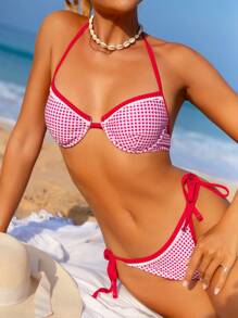Swim Mod Women's Summer Beach Plaid Halter Neck Tie Sexy Bikini Set, Printed( Random Pattern) - Multicolor - View 4