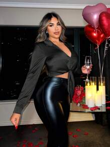 SHEIN SXY 女士纯色纽扣结休闲长袖衬衫、长袖上衣 - 黑色 - 查看 3