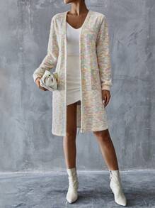 SHEIN Essnce Women Rainbow Long-Sleeved Mid-Length Cardigan Colorful Gradient Fluffy Knitted Cardigan Coat With Drawstring, Long Sleeve And Dual Pockets