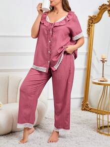Plus Size Women's Solid Color Lace Decoration Simple Daily Pajama Set - Dusty Pink - View 5
