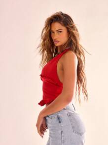 MUSERA Going Out Tops Halter Neck Frill Detail Top Summer Ibiza Festival Spring Outfit Elegant Holiday - Red - View 3