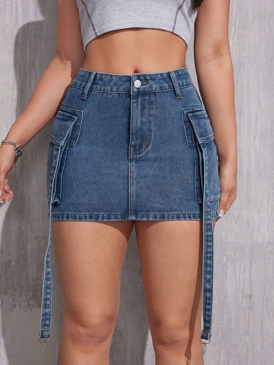Women's Denim Skirt With Belt Buckle And Flap Pockets, Unique Design - Blue - View 1