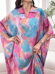 Al Najma Vestido corto de manga corta con cuello de polo en estampado tie dye oversize, primavera/verano