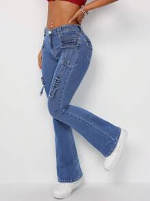 SHEIN ICON Blugi de damă cu buzunar cu clapă, cu fundul clopot, ocazional zilnic și versatil - Spălare întunecată - Vizualizare 3