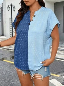 EMERY ROSE Camisa de talla grande con bloque de color casual para vacaciones con cuello en V y mangas murciélago - Multicolor - Ver 4
