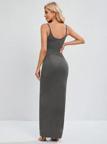 SHEIN Tall Vestido largo tipo camiseta ajustado al Body en color negro con alta elasticidad - Gris Oscuro - Ver 2