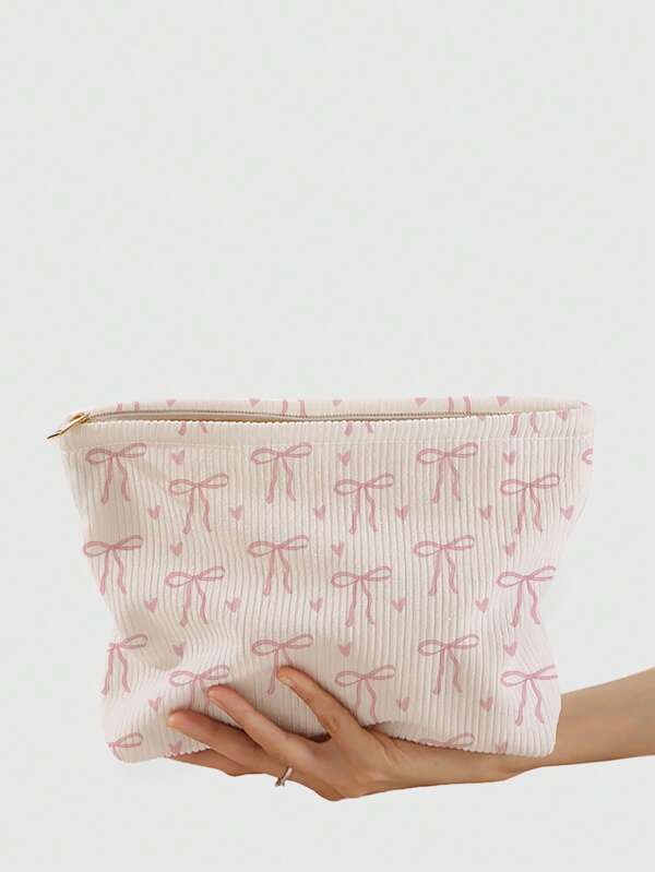 ROMWE Kawaii 1 Stück doppelseitig bedruckte Kord Makeup-Tasche mit Schleifenmuster