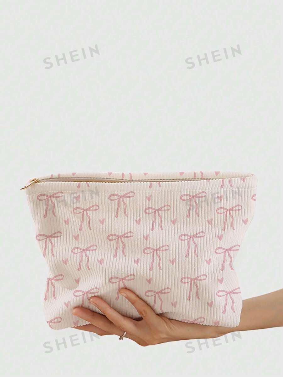 ROMWE Kawaii 1 pieza Bolso de maquillaje de pana con estampado de doble cara y patrón de lazo