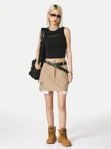 SHEIN EZwear 女性夏季街頭風工作裙，配有大口袋 - 卡其色 - 查看 6