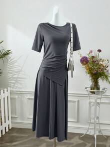 Mulvari Ladies' Plain Asymmetrical Hem Top With Matching Skirt Set - Grey - View 4