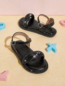 Mini mi Sandalias planas de verano para niños con diseño de pedrería en unicolor de moda - Negro - Ver 2