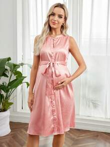 SHEIN Maternity Casual & Workwear Sleeveless Round Neck Nursing Dress With Buttons - Pink - View 4