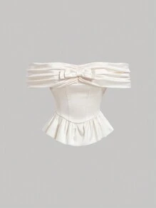 SHEIN MOD Áo kiểu công chúa bằng lụa mềm mại, bồng bềnh với viền xếp ly và nơ trang trí, thích hợp cho các buổi hòa nhạc, tiệc độc thân, tiệc tùng. - Màu be - Xem 1
