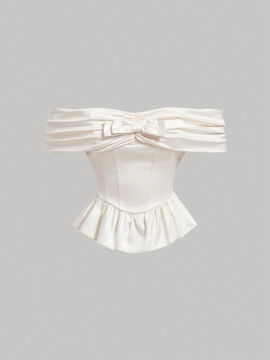 SHEIN MOD Áo kiểu công chúa bằng lụa mềm mại, bồng bềnh với viền xếp ly và nơ trang trí, thích hợp cho các buổi hòa nhạc, tiệc độc thân, tiệc tùng. - Màu be - Xem 1