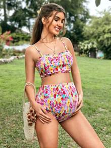 SHEIN Bộ bikini in hoa dành cho bà bầu có viền ren dành cho trang phục đi biển ngày lễ, bao gồm bikini và quần bơi đi biển mùa hè - Nhiều màu - Xem 5