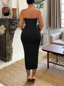 SHEIN SXY Summer Strapless Lace Patchwork Hollow Out Midi Bodycon Dress - Black - View 2