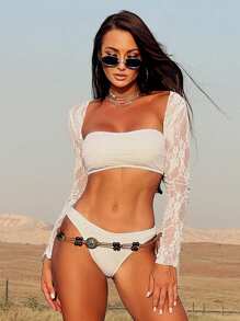 SHEIN Swim Ladies' Swimwear Set, Special Material, Lace, White, 3 Pieces Summer - White - View 2