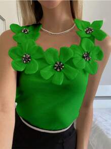 SHEIN Unity 女士優雅修身圓領背心上衣，3D花卉裝飾，夏季款 - 綠色 - 查看 1