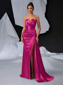 Glamrae Elegant And Gorgeous Ruched Decorated Asymmetrical High-Slit Fish-Tail Evening Dress Prom Semi Formal Wedding Guest Dress, For Birthday, Graduation, Homecoming Party Dress