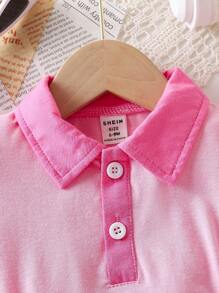 SHEIN Baby Girls' Pink Front-Button Short Sleeve Top And Pleated Waistband Skirt Set, Summer Casual And Cute - Pink - View 4