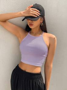DAZY Áo crop top không tay màu trơn có dây đeo mùa hè dành cho nữ - Màu tím - Xem 5