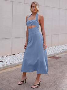 SHEIN Essnce Women's Summer Halter Neck Midi Dress With Waist Cut Out Detail - Blue - View 6