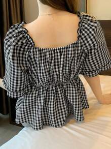 FRIFUL SHEIN X AYA NAKAMACHI Ladies' Plaid Printed Short Sleeve Shirt With Bow Decoration, Summer - Black and White - View 7