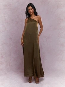 MISSGUIDED Gestructureerde satijnen maxi-jurk met één schouder en metalen ringdetail