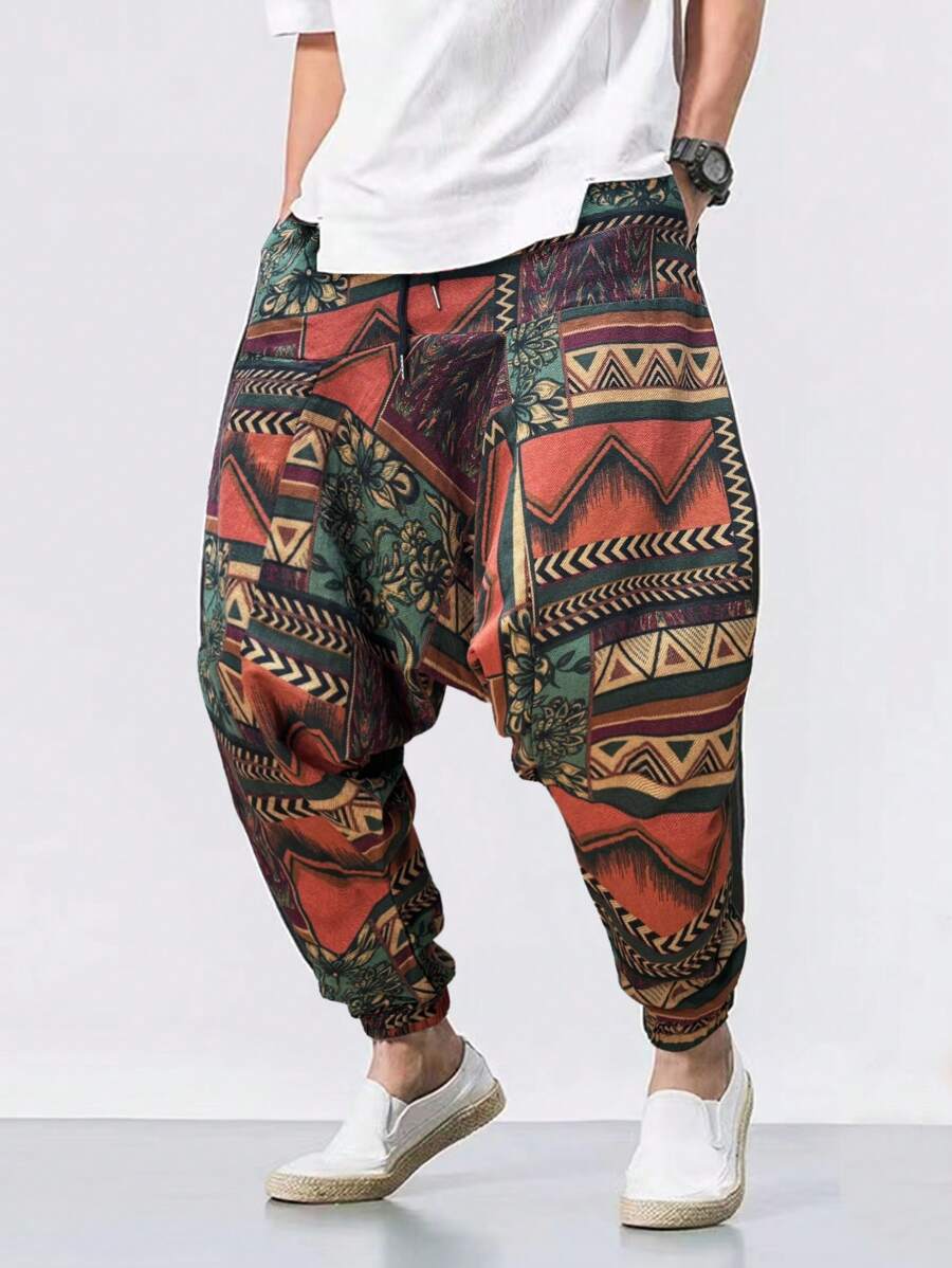 Manfinity RSRT Men's Allover Print Jogger Pants With Drawstring Waist, Pockets, And Ribbed Cuffs, Vacation Oversize Boho Harem Pants, For Husband, Boyfriend Gifts, For Fall - Multicolor - View 1