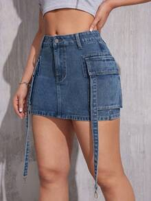 Women's Denim Skirt With Belt Buckle And Flap Pockets, Unique Design - Blue - View 2