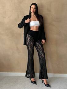 Siren Gaze Shein Essnce Women Summer Pants Lace Triangle Panties See-Through Wide Leg Pants Party Chic Black