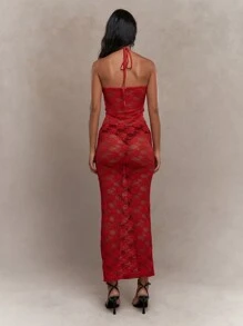 MISSGUIDED 圣诞节薄纱蕾丝吊带露背紧身长裙 - 紅色 - 查看 2